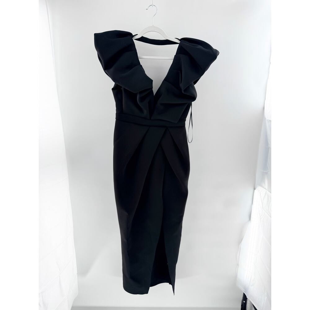 Mable Flutter Sleeve Plunging V-Neck Pleated Maxi Dress Black Women's Size M